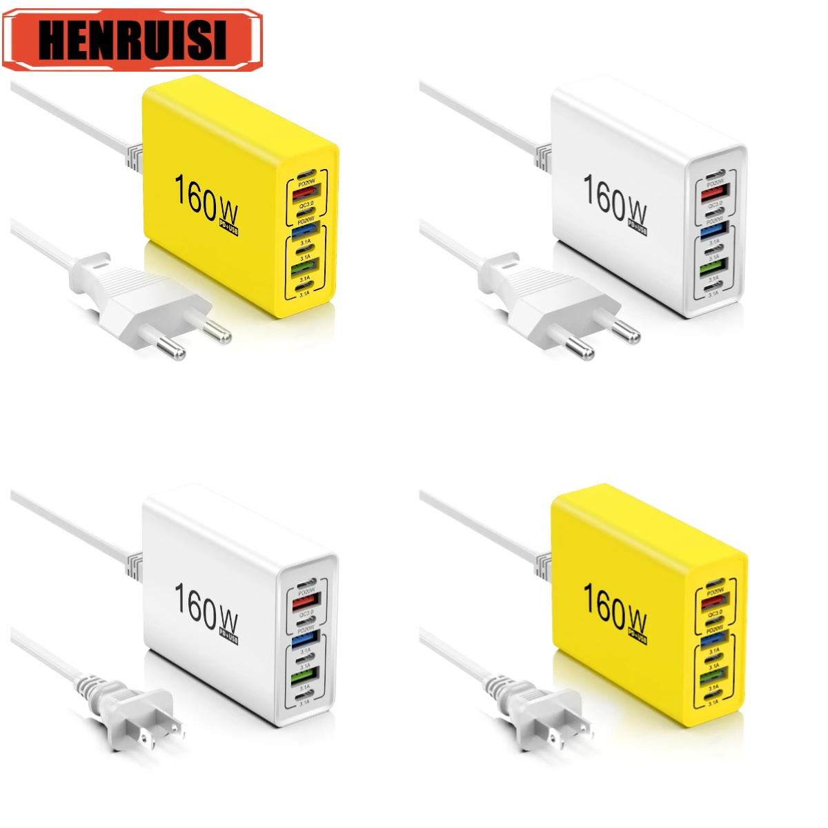 Всего зарядное устройство USB мощностью 160 Вт, 7 портов, тип C, настенный адаптер для быстрой зарядки мобильного телефона, вилка европейского/американского стандарта для iPhone 15 Pro, Samsung, Xiaomi, Huawei