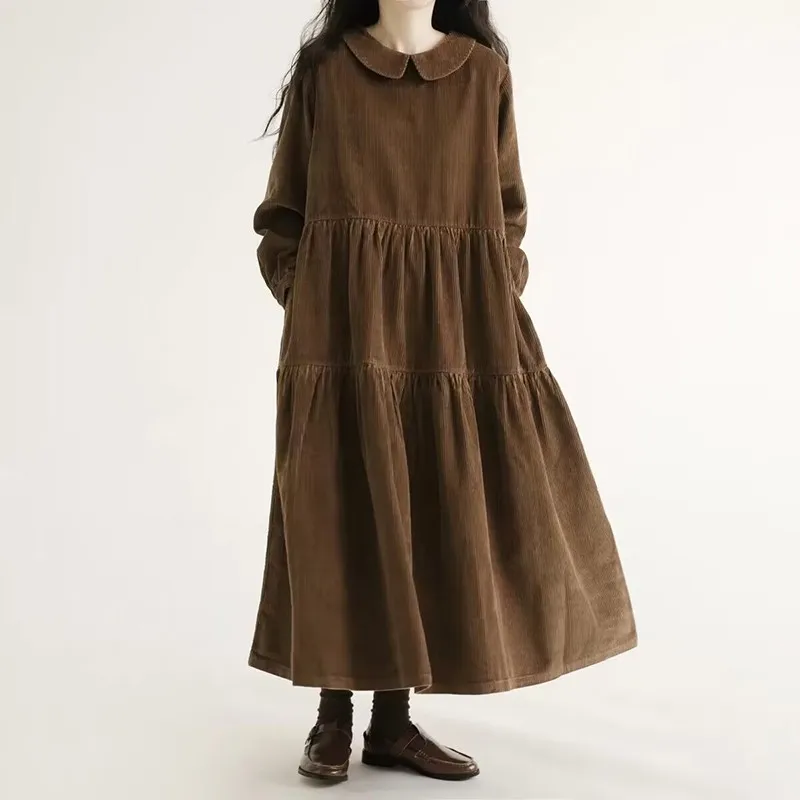 

Autumn Preppy Style Women Long Sleeve Peter Pan Collar Loose Dresses All-matched Casual Solid Corduroy A-line Long Dress P362