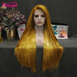 Imstyle Full Tinsel Wig Synthetic Lace Front Gold Red Wig Long Straight Silver Gray Wig For Party Wig