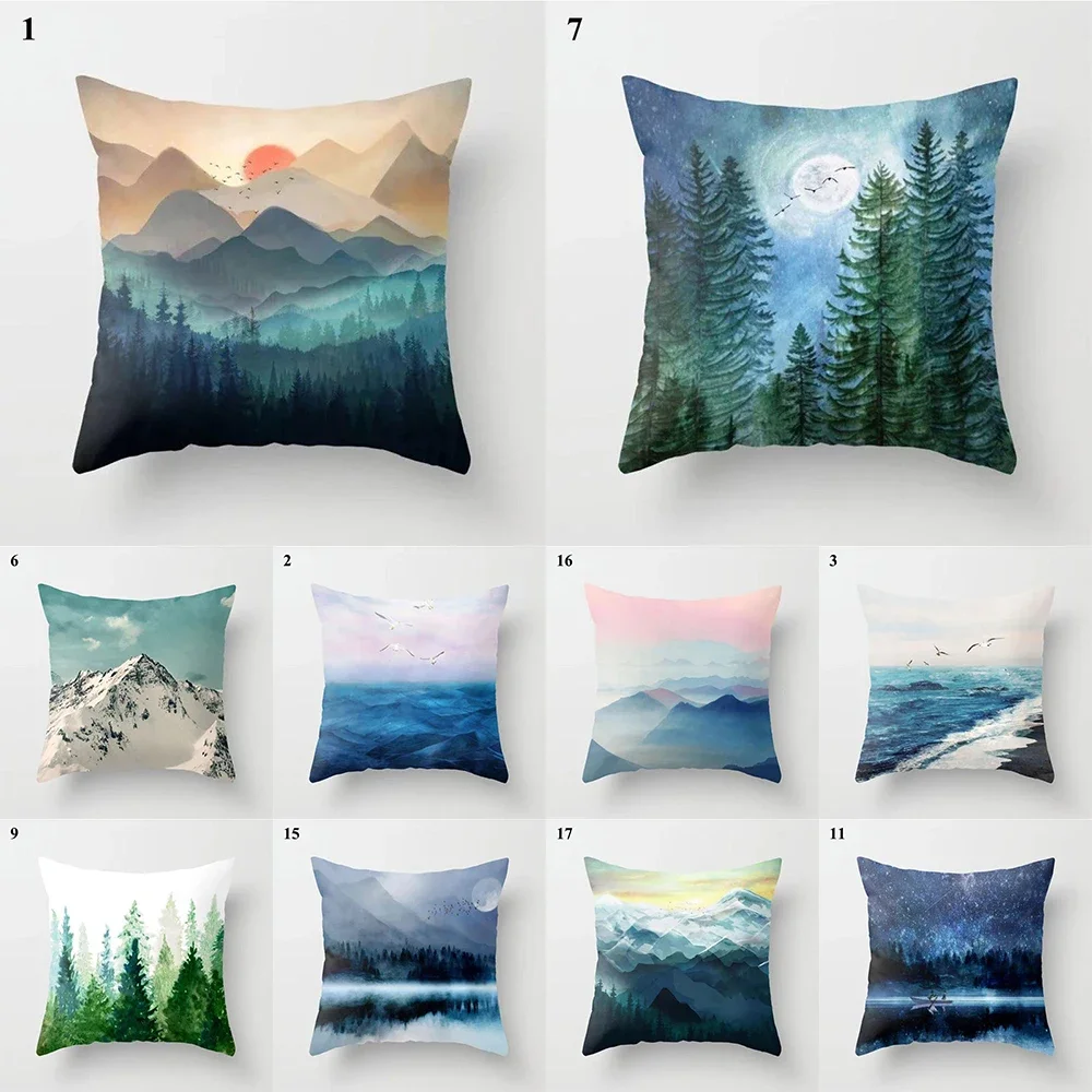 

Abstract watercolor blue ocean mountain print pattern cushion cover for home living room sofa decoration throw pillow pillowcase