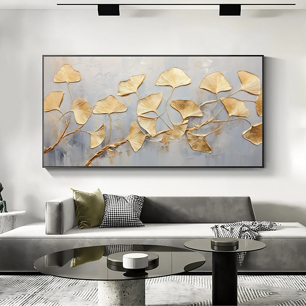 Hand Painted Oil Painting Abstract Ginkgo biloba Oil Painting On Canvas, Original Gold Wall Art, Living room Home Decor