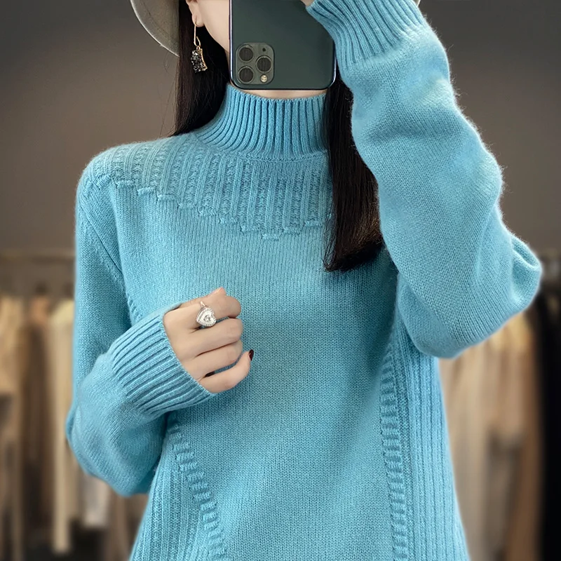 2023 Autumn and Winter New Cashmere Sweater Women Mock Neck Knitted Pullover Loose Heavy craftsmanship Cashmere Sweater Women