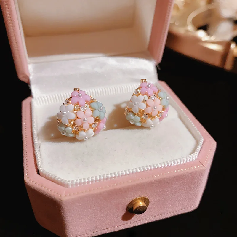 Fashionable Zircon Pearl Flower Basket Ear Buckle Sweet Pink Rhinestone Petal Flower Earrings Wedding Party Jewelry Girls Gifts