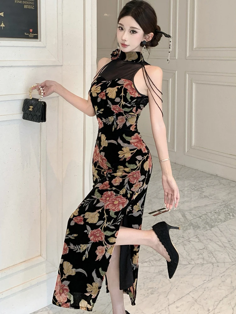 Abito da donna con scollo a rete patchwork in velluto floreale primavera autunno Abito da donna elegante di lusso Abito da sera aderente coreano 2025