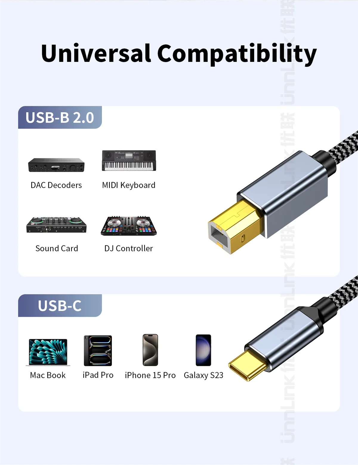 Unnlink USB-C zu USB-B Audiokabel für MIDI-Controller Keyboard Elektronisches Klavier Synthesizer Soundkarte DAC DJ-Mixer Controller – Detail 8