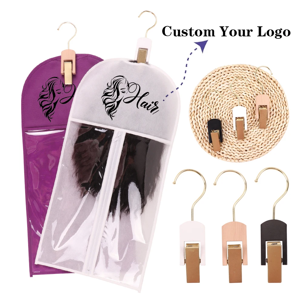 60Cm Length Wig Bag With Custom Logo And Wig Hanger Hook Clips For Wig Display Wig Carrier Bag With Hook Clips For Wig Storage
