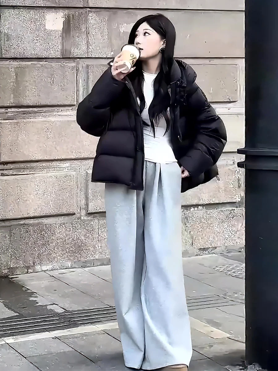 여성용 오트 화이트 다운 재킷 후드 스트링 따뜻한 패셔너블 겨울 아우터웨어 출퇴근용 2024 신상품