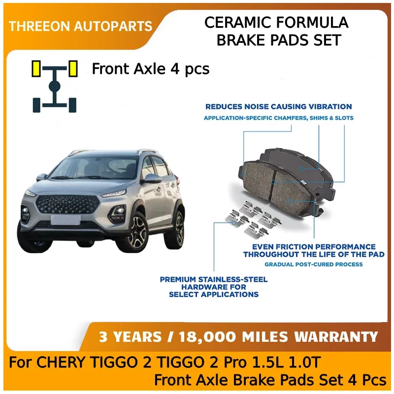 THREEON Ceramic Front Brake Pads For CHERY TIGGO 2 TIGGO 2 Pro 1.5/1.0 Front Axle Brake Pads Set 4 Pcs