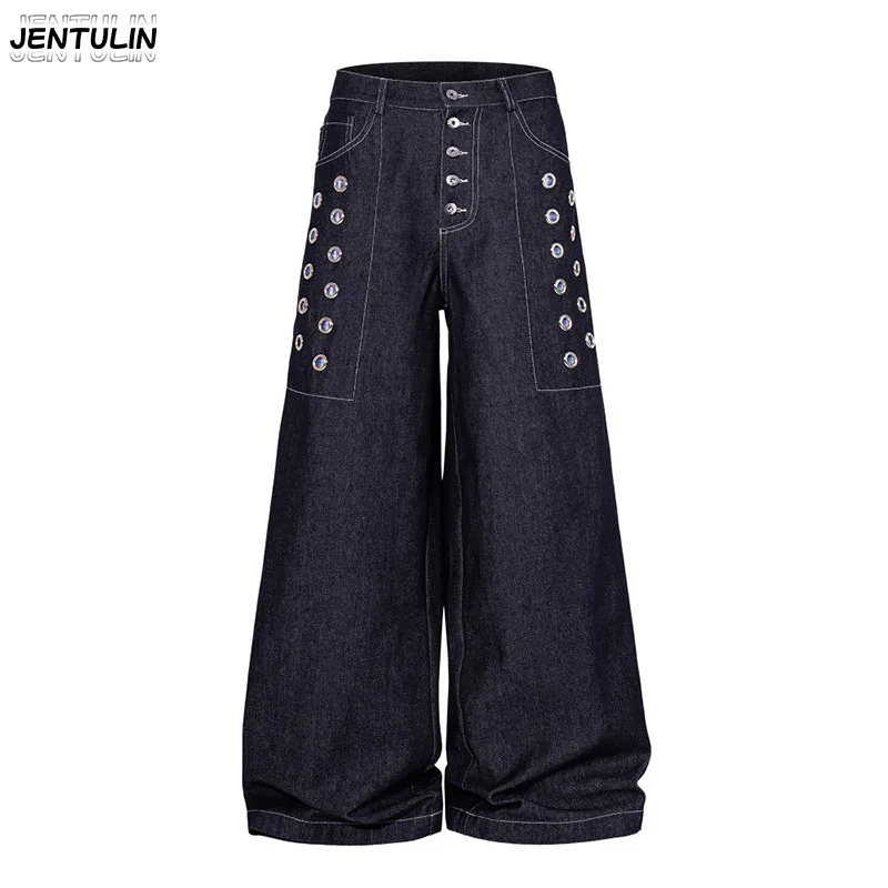 American High Street Metal Eyeliner Plaid Splicing Wide Leg Jeans For Men With Multiple Breasted Hollow Denim Pants