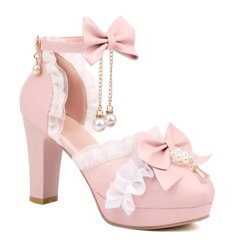 Girls High Heels Kids Princess Sandal Ladies Platform  Bow Lace Mary Jane Lolita Shoes Women Party High Heels  Women Pumps 30-43