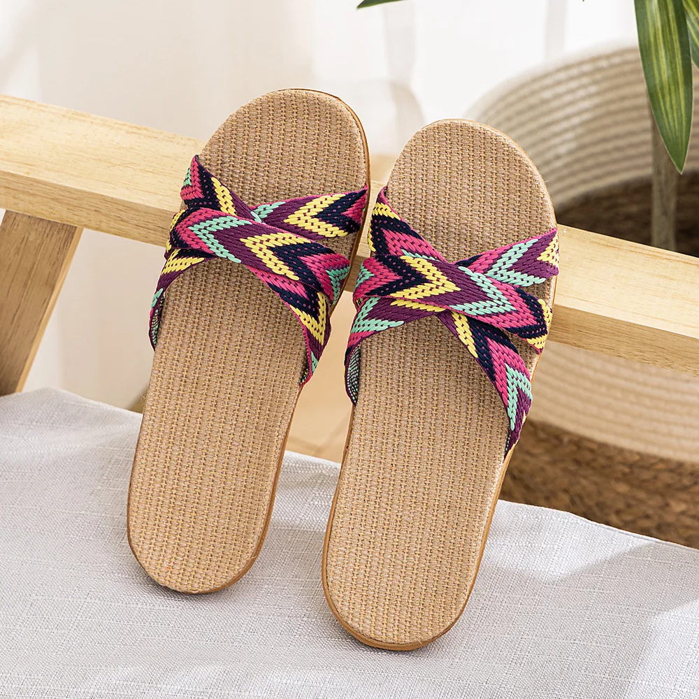 Summer Linen Slippers for Women & Men - Non-Slip Thick Sole House Slides, Quiet Indoor Sandals for Couples/Hotel Bulk