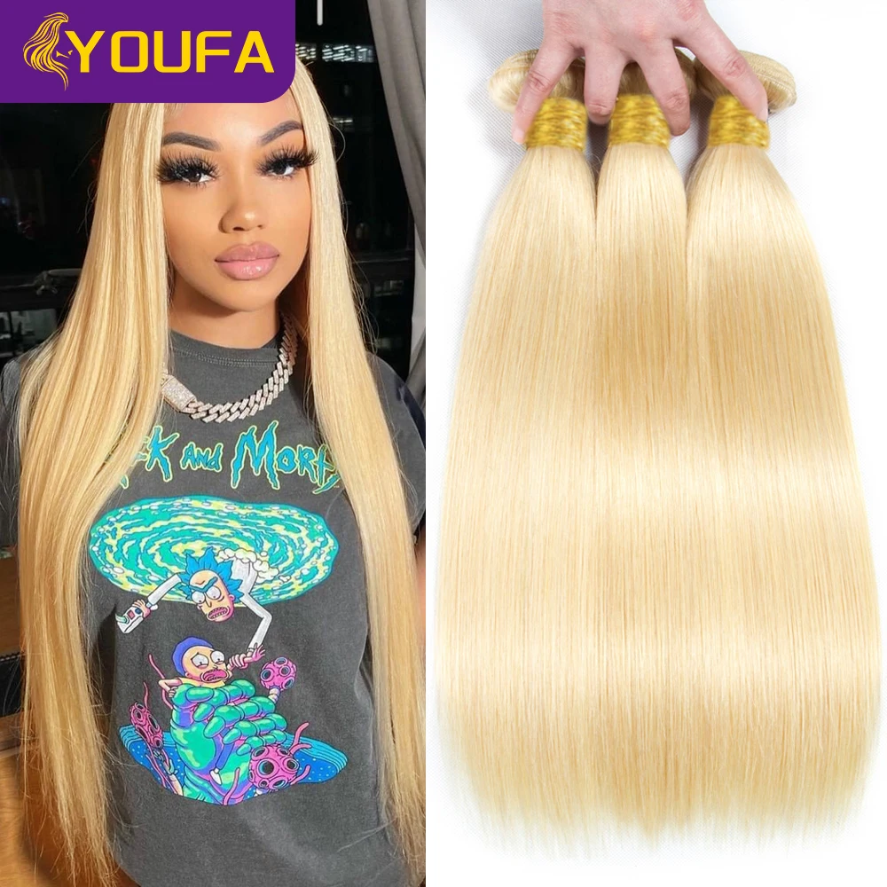 YOUFA 613 Blonde Human Hair Bundles For Women Brazilian Straight Human Hair Weave Can Be Dyed Bleach Blonde Hair Extensions