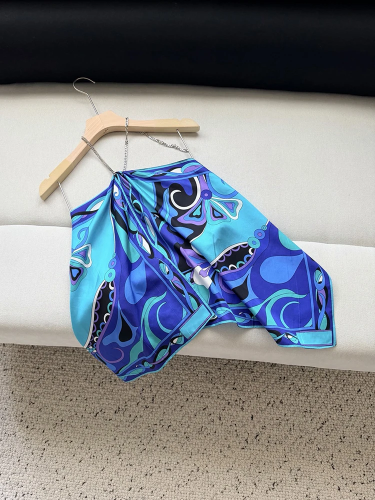 Summer Fashion Beach Style Party Resort Geometric Print Tops Women's Metal Chain Hang One's Neck Sexy Backless Lace-Up Top