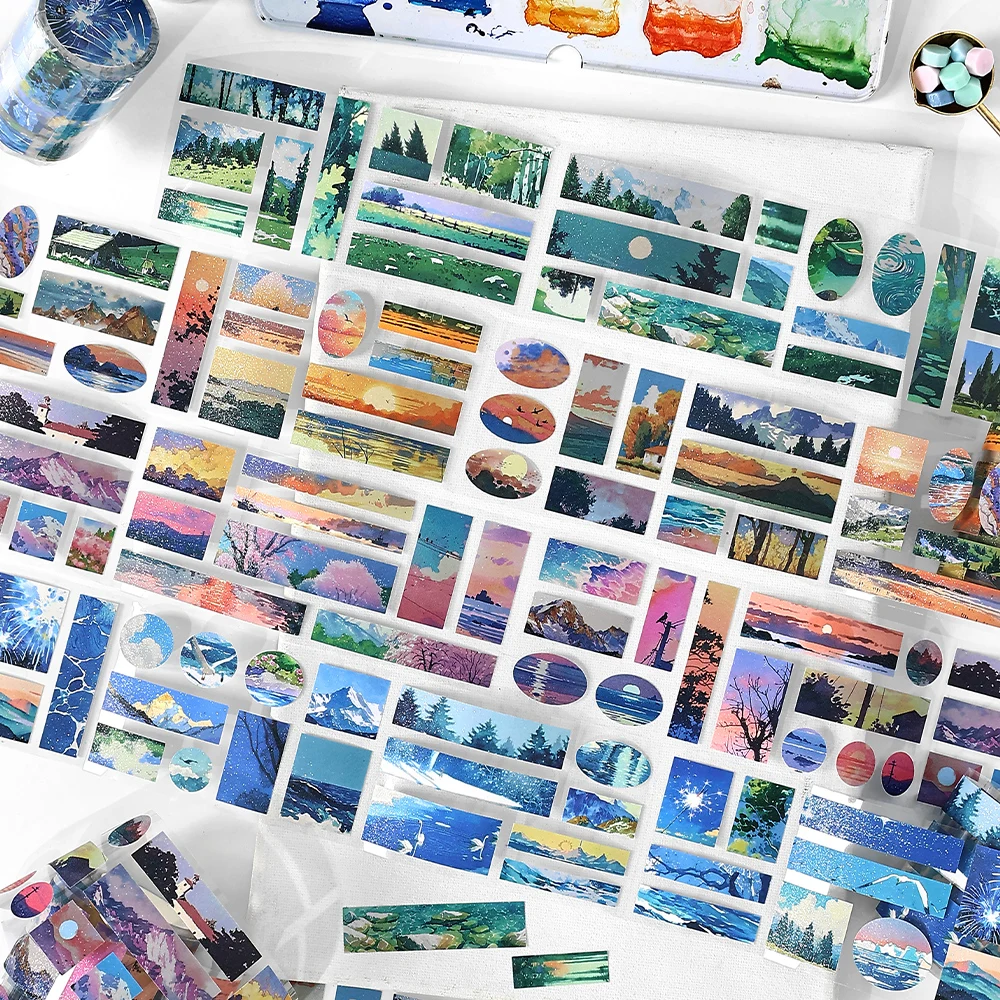 2m/ Roll Flash Sand Adhesive Washi Tape Mountains Rivers Sunset Sea Natural Scenery Tape DIY Greeting Card Cup Photo Decorative
