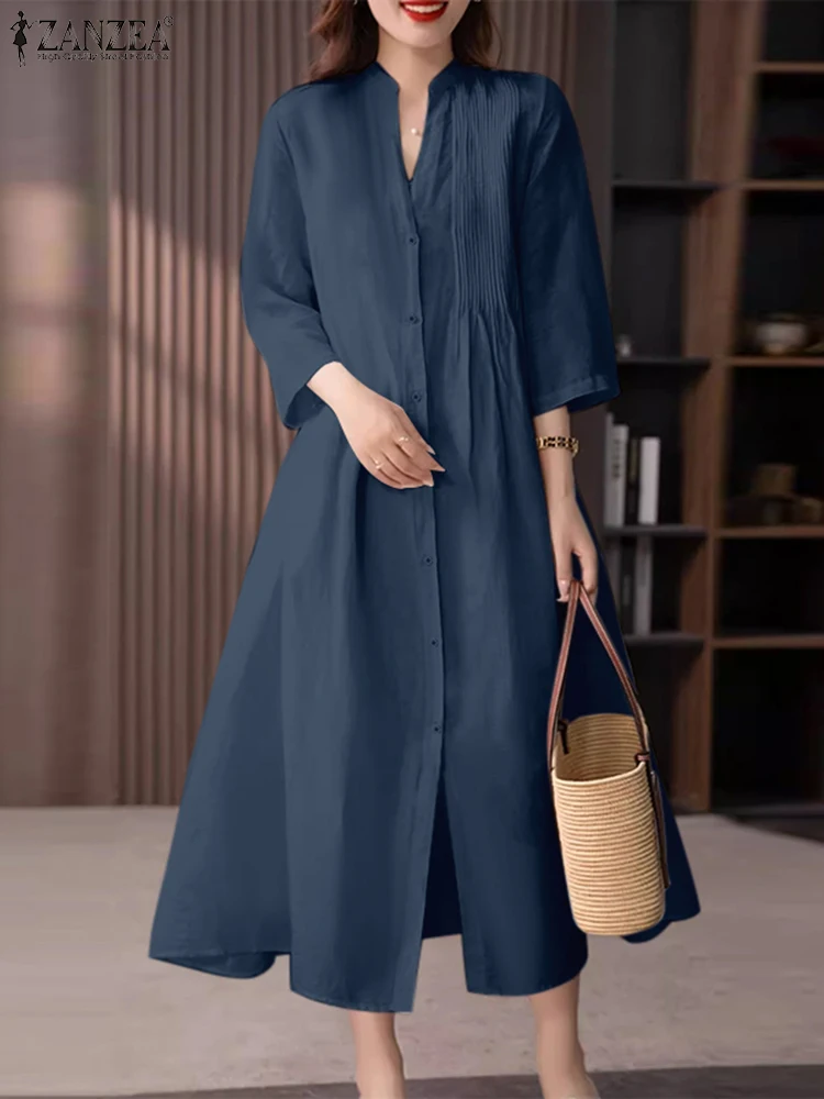 

ZANZEA Casual Loose Long Dresses Women Pleating Midi Dress Oversized 3/4 Sleeve V Neck Robe 2024 Holiday Single Breast Vestido