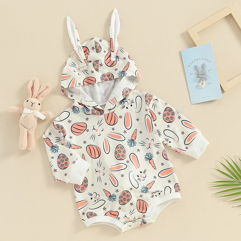 

Baby Boy Girl Easter Outfits Long Sleeve Crewneck Hooded Bunny Romper Infant Easter Spring Clothes