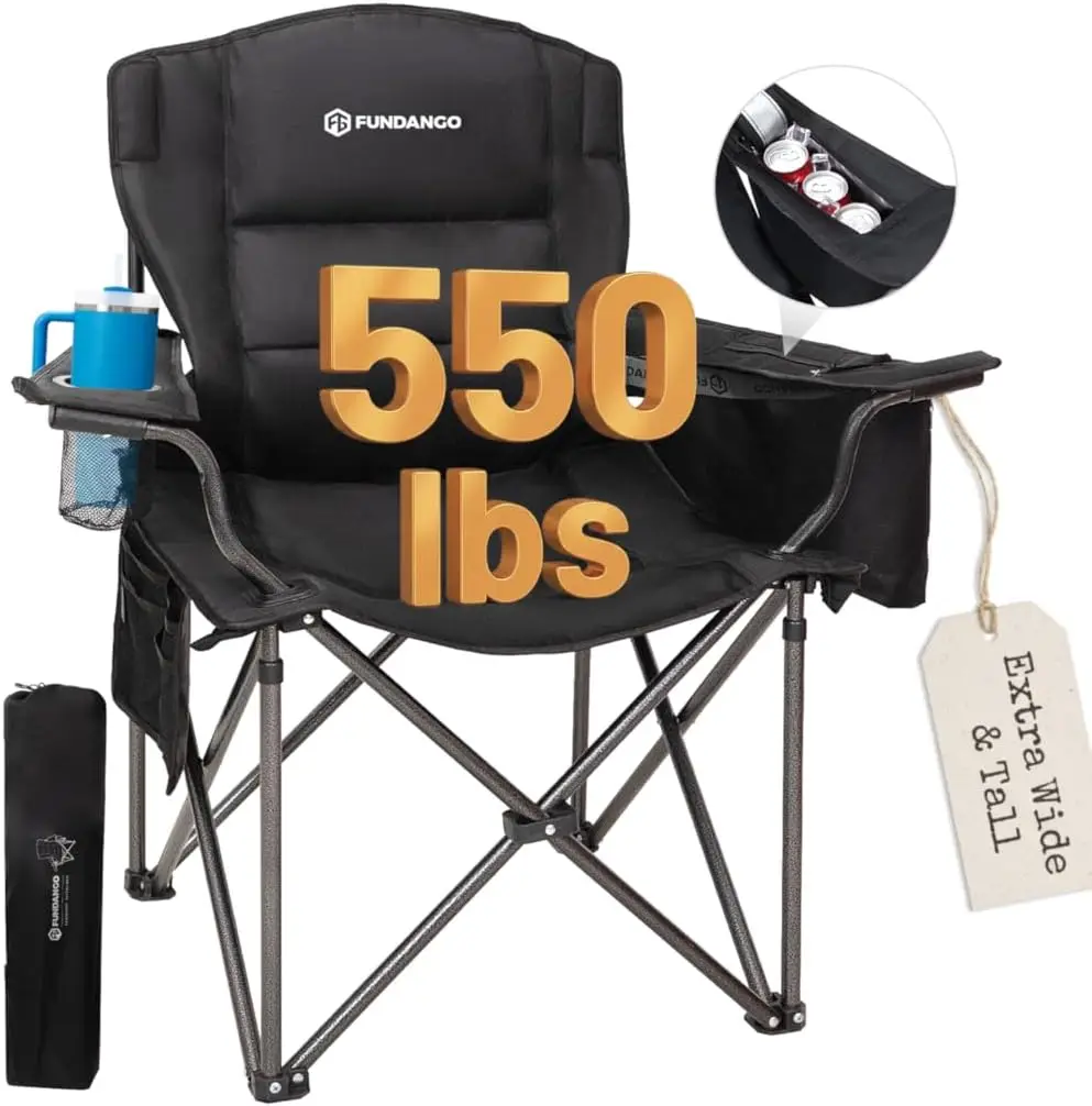 

Heavy Duty Oversized Camping Chair 550LBS with Cooler Cup Holder Padded Lumbar Support Folding Lawn Chair for Adults