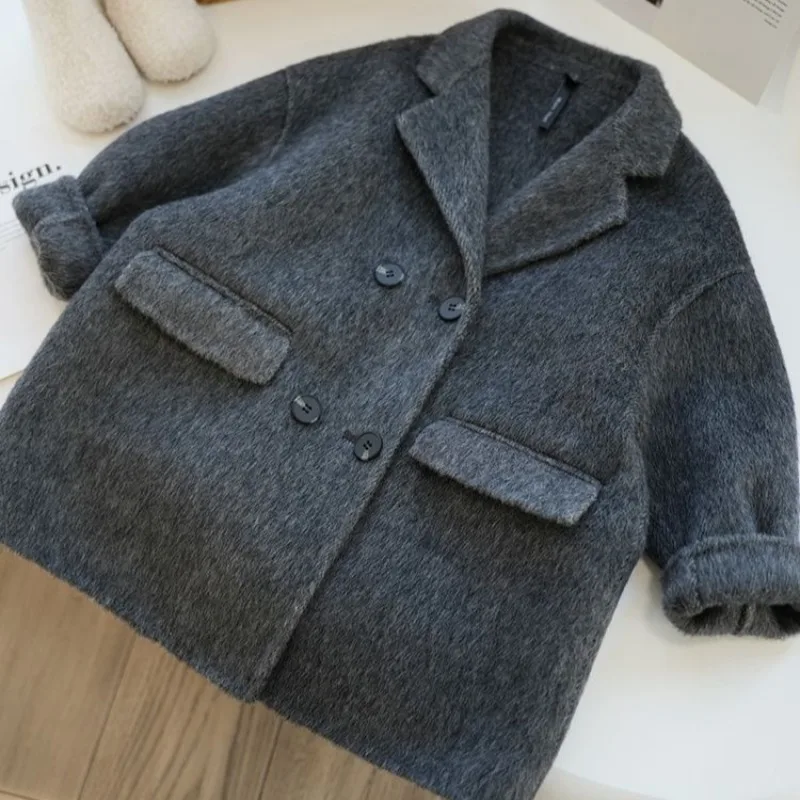 

Double Faced Premium Grey Wool Coat for Kids Girls Autumn Winter Parent Child Matching Thickened Double Layer Woolen Jacket