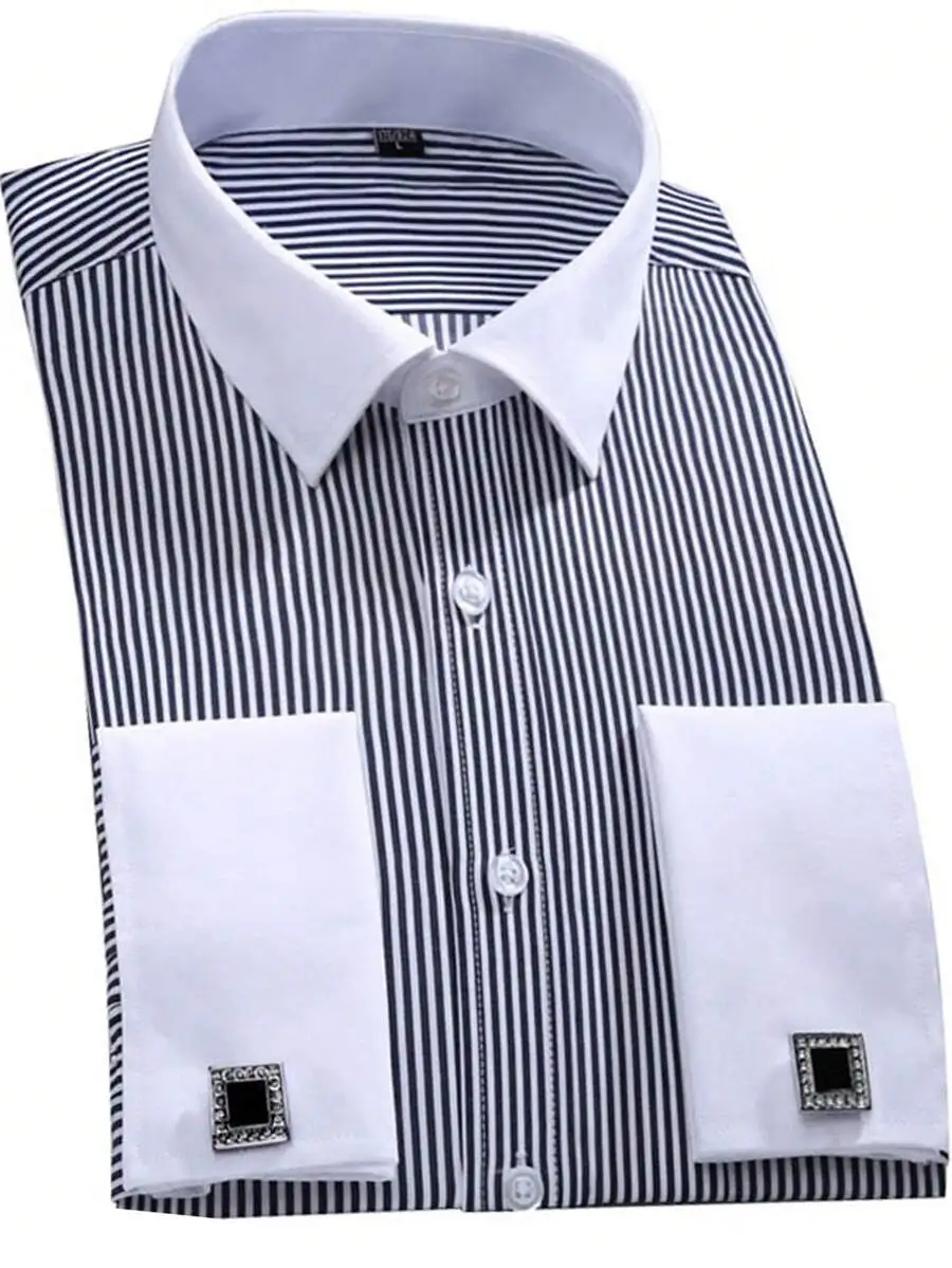 

Men's Striped French Cuff Formal Dress Shirt with Cufflinks for Wedding