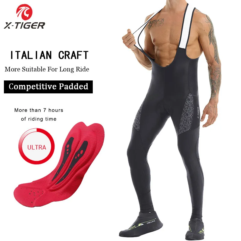 TIGER Herren-Fahrradhose, wettbewerbsfähig, gepolstert, MTB, Rennrad, Strumpfhosen mit 2 Taschen, atmungsaktive lange Rad-Leggings