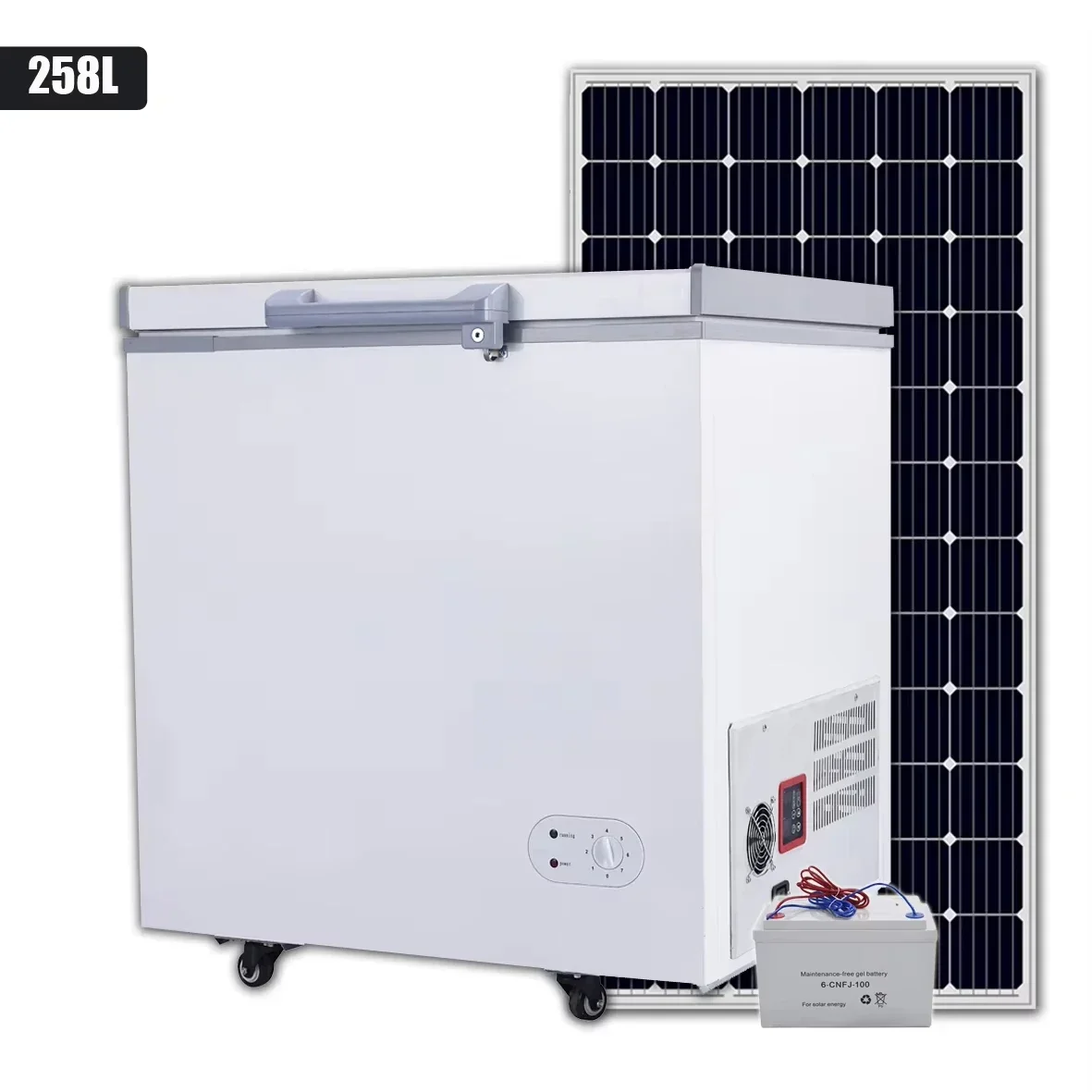 Congélateur de poitrine solaire profond portable, adaptateur AC/DC hybride, batterie à panneau solaire, 208L, 12V DC, épaisseur de 110mm, 62