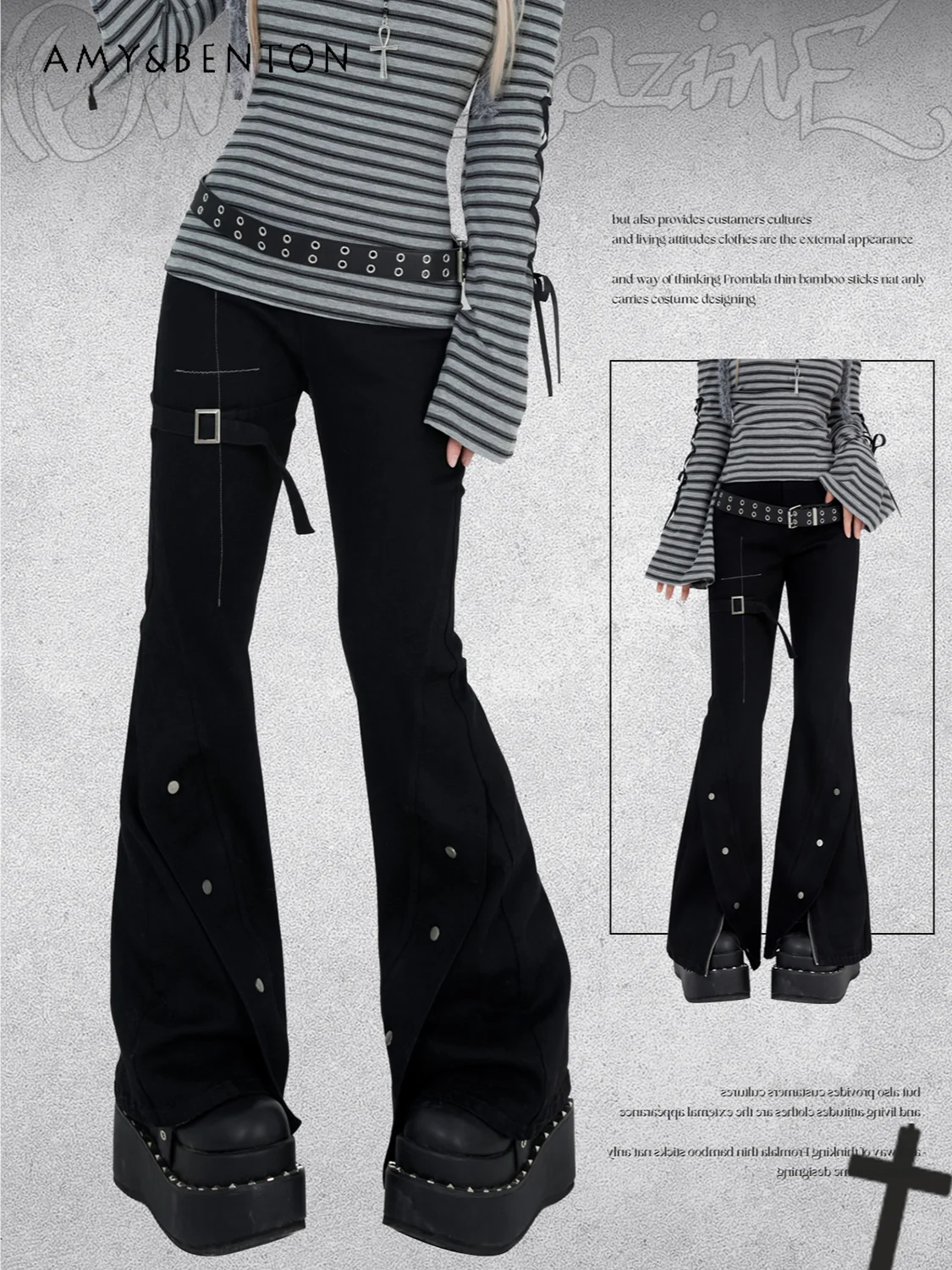 

Dark Hot Girl Subculture Cross Rivet Slim Flared Pants Street Punk Style Y2K High Waisted Jeans All Match Black Jeans Women