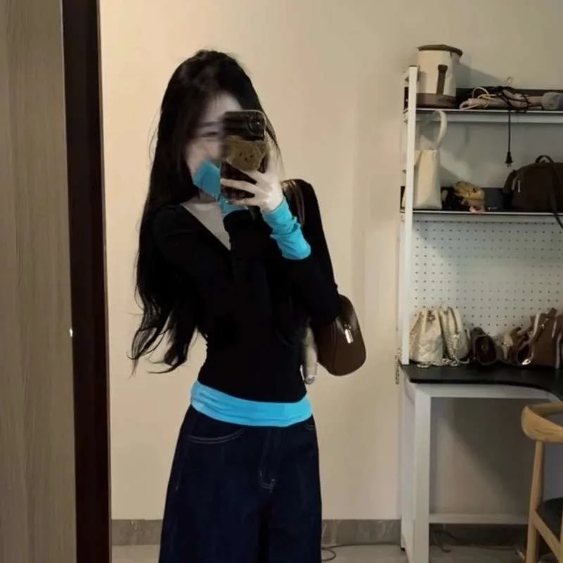 Modal V-neck Fake Two Contrasting Color Long-sleeved T-shirts Women Spring Summer Slimming Shaping, Paired with A Base Layer Top