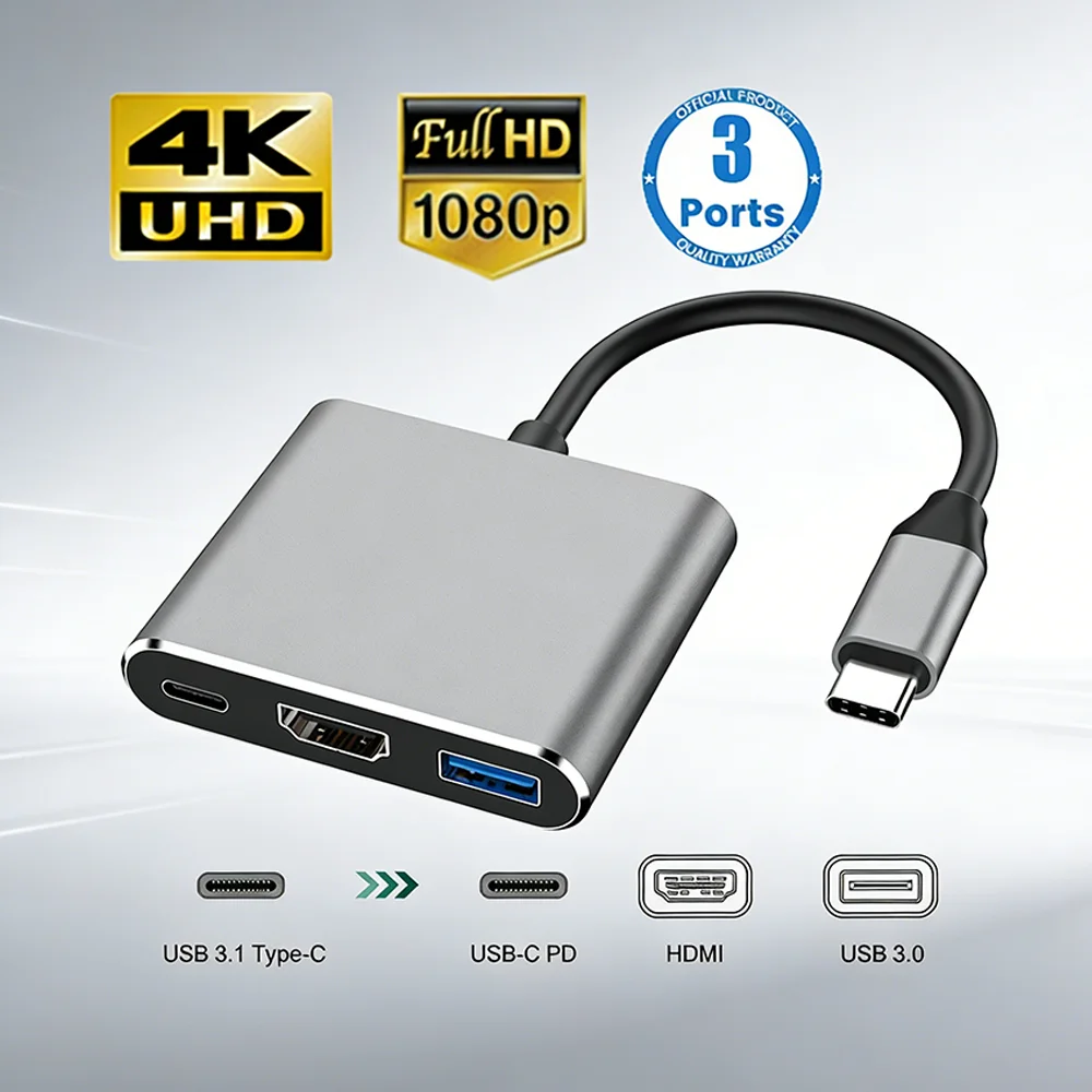 3 In 1 Usb-C Usb Hub Male To Female Hdmi-Compatible 4k Usb 3.1 Type-C To Usb 3.0 Charging Adapter For Macbook Air Converter view 2