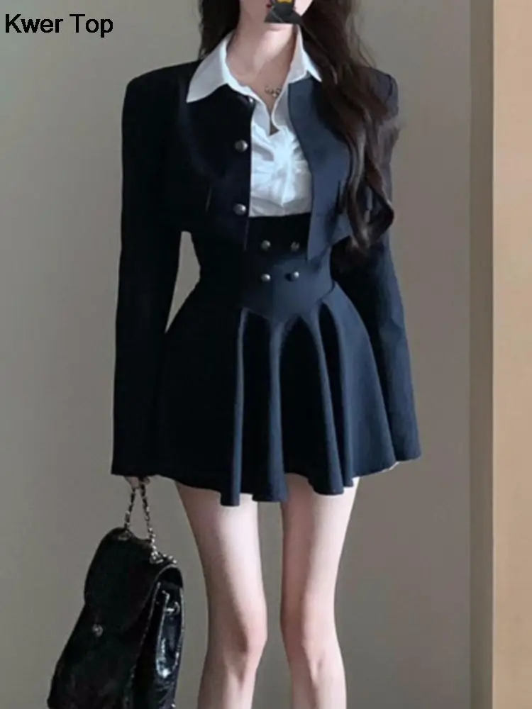 Woman Preppy Style Mini Dress 3 Piece Set Korean Elegant White Shirt + Short Blazers Coat Outfits Spring Fashion Y2K Clothes