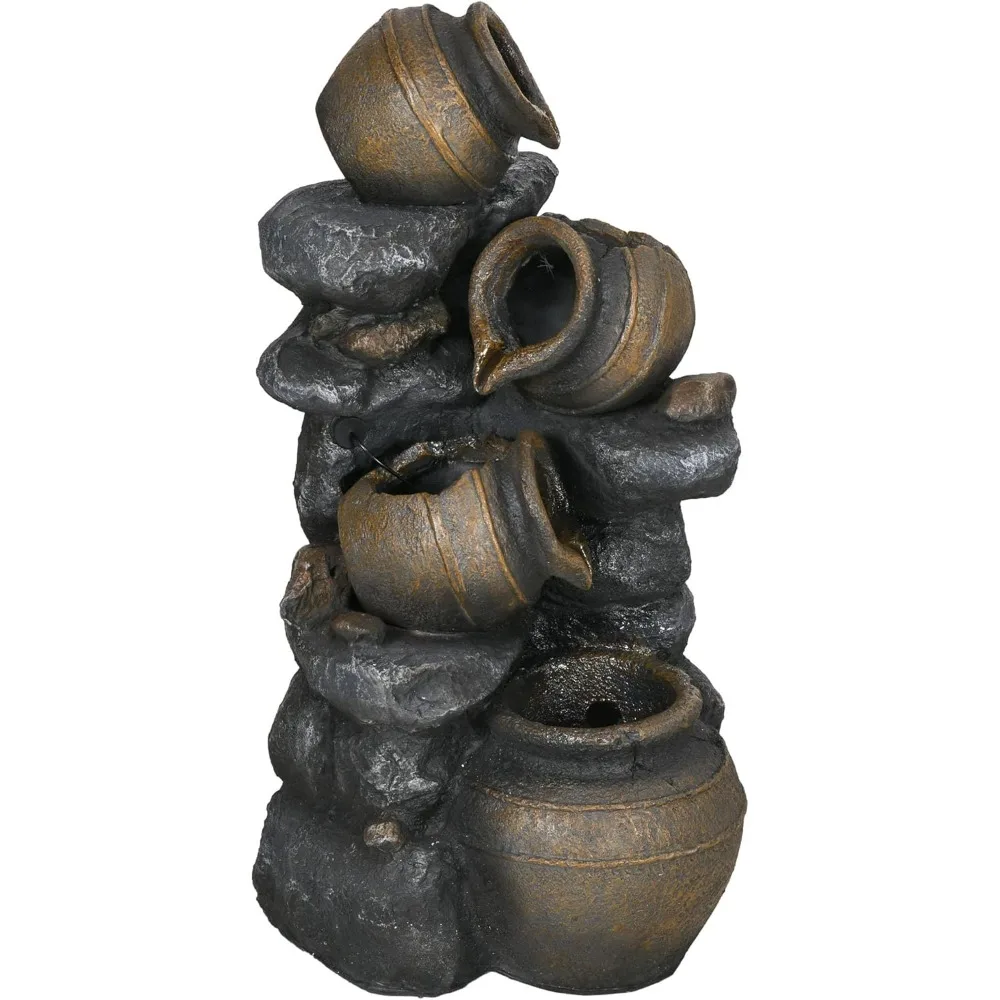 

28.3" Tall Solar Powered Outdoor Water Fountain, 4-Tier Floor Standing Resin Cascading Jars and Stacked Stones Waterfall Founta