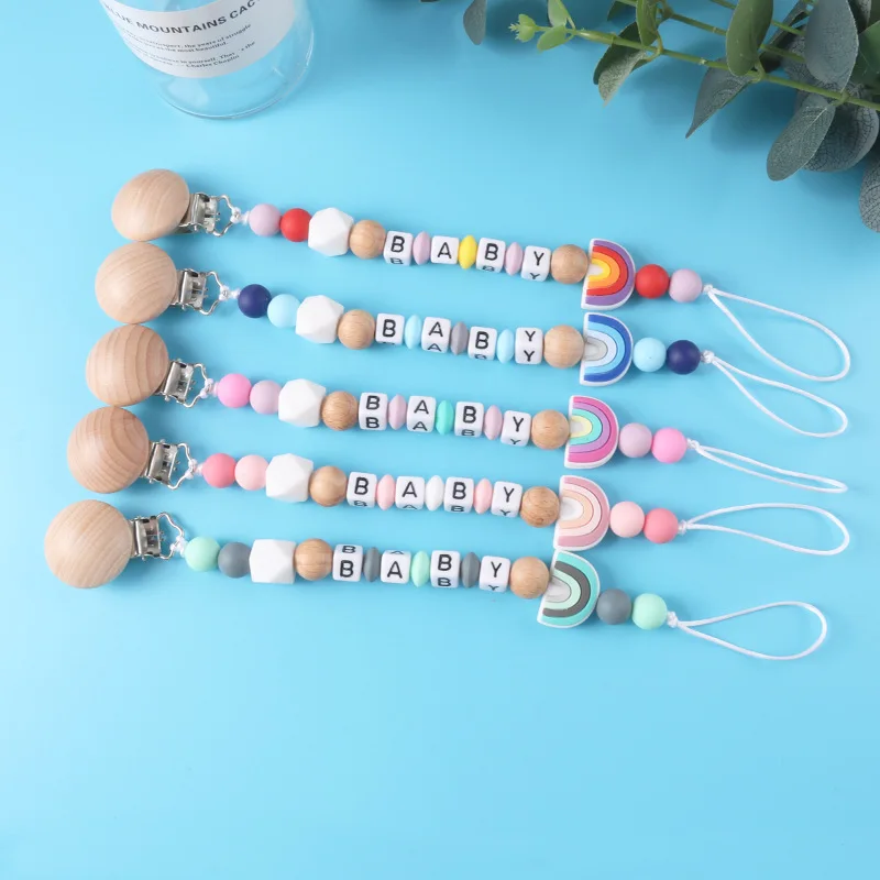 Personalized Name Pacifier Clip Handmade Beech Wooden Chain silicone Pacifier chain Baby Teething newborn Chew Gift Customizable