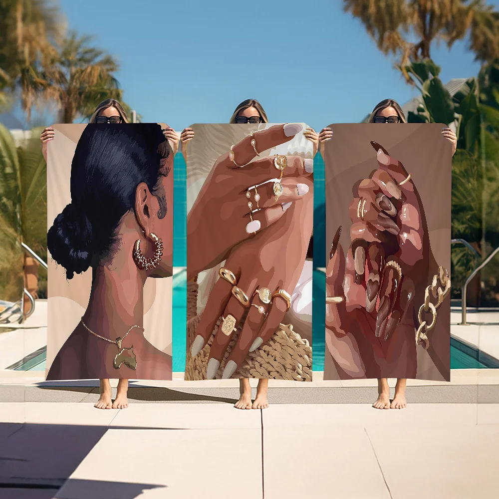 Toalla de natación de playa de Anime con retrato femenino negro africano, toallita absorbente suave, regalos para niños y viajes