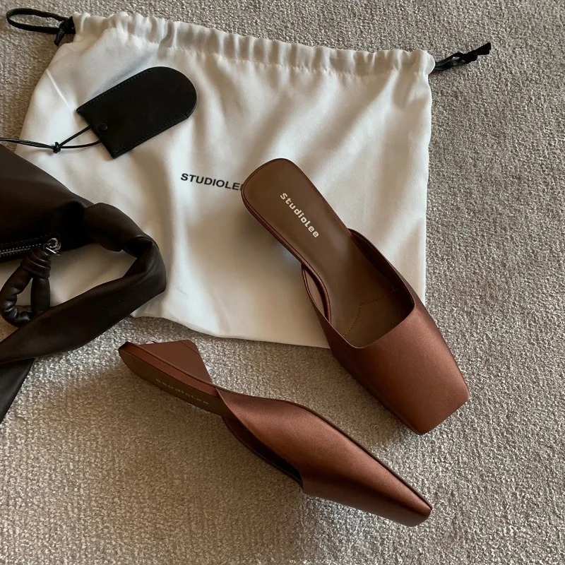 Silk Satin Triangle Heel Premium Muller Sandals Low Block Heel Backless Slides Minimal Elegant Office Casual Slippers for Women