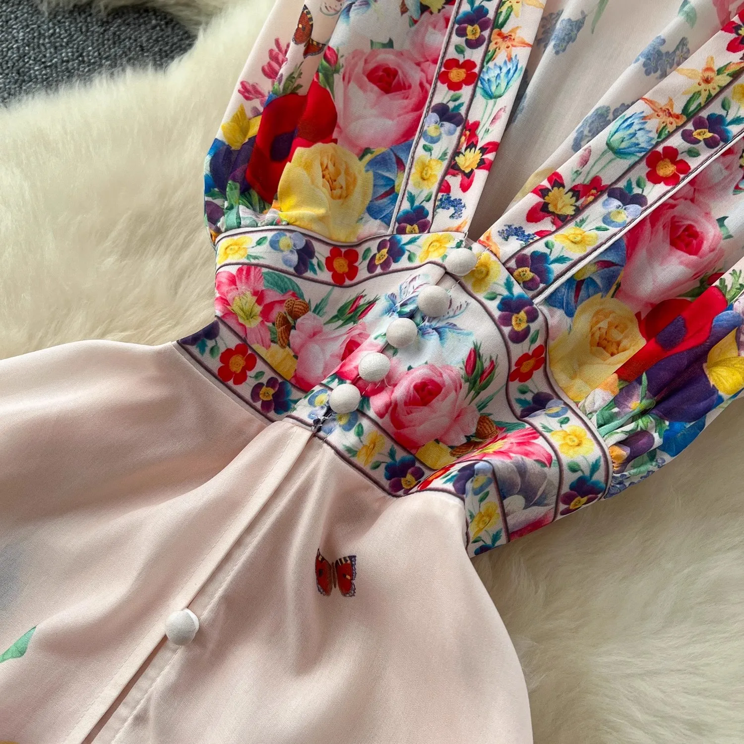 Mode vacances d'été magnifique fleur en mousseline de soie Robe longue nouveau Boho femmes volants profond Sexy col en V sans manches imprimé bouton Robe