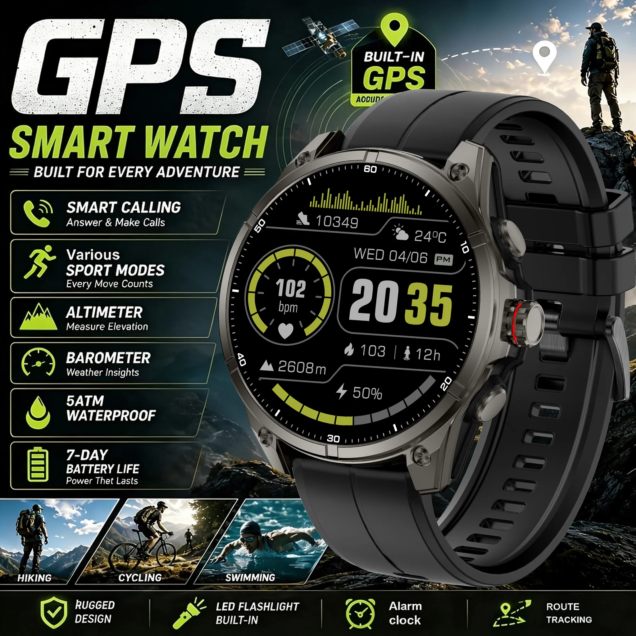 2026New Sports Smart Watch 5ATM Waterproof GPS Navigation Compass 670mAh Battery Flashlight Call Bracelet Health Monitoring Men