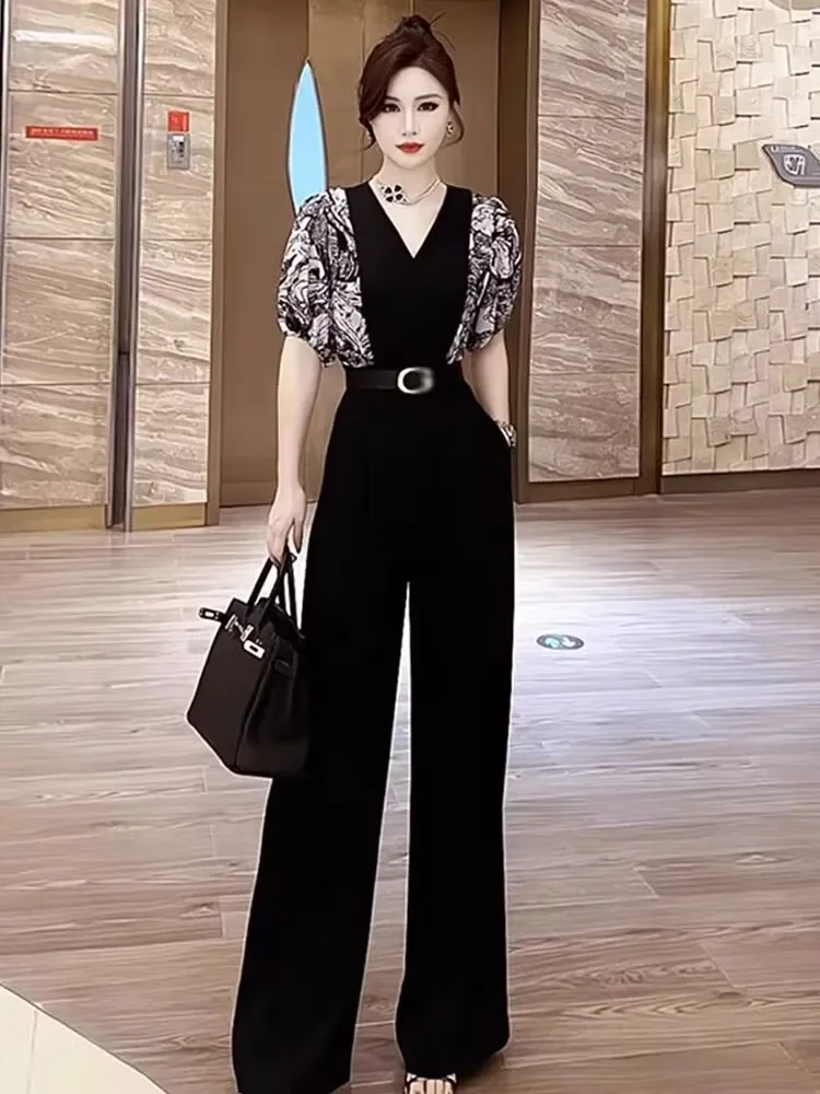 

Office Lady Patchwork Black Jumpsuit Women Summer High Waist Short Sleeve Jumpsuits Combinaison Femme Overalls