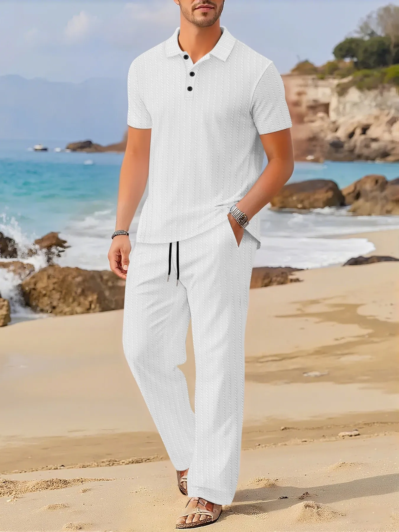 Summer New Flip-Collar Short-Sleeve Long-Pants Set Casual Beachwear Men's Clothing - view 2