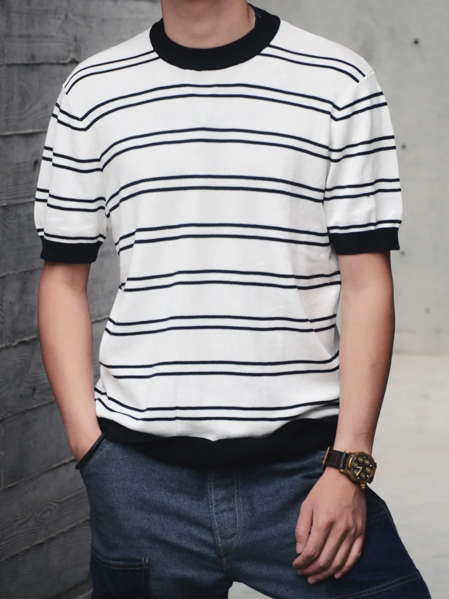American retro knitted sailor shirt horizontal stripes round neck short-sleeved T-shirt men's summer Tencel contrast color