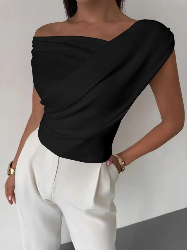 Modische, schlichte, neue Büro-Tops für Damen, ärmellose T-Shirts mit Schrägausschnitt, elegante Sommerblusen für Damen, einfarbig