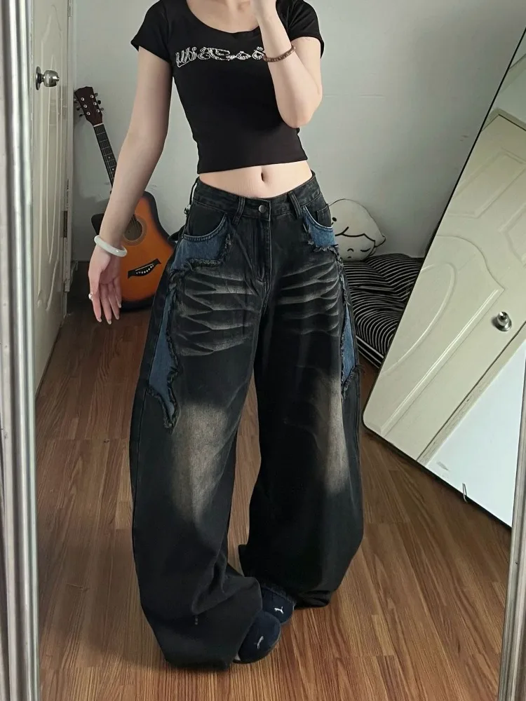Women's Splicing Burrs Street Wide Leg Jeans Cool Girl Bottoms Casual Denim Pants Female High Waist Solid Color Baggy Trousers