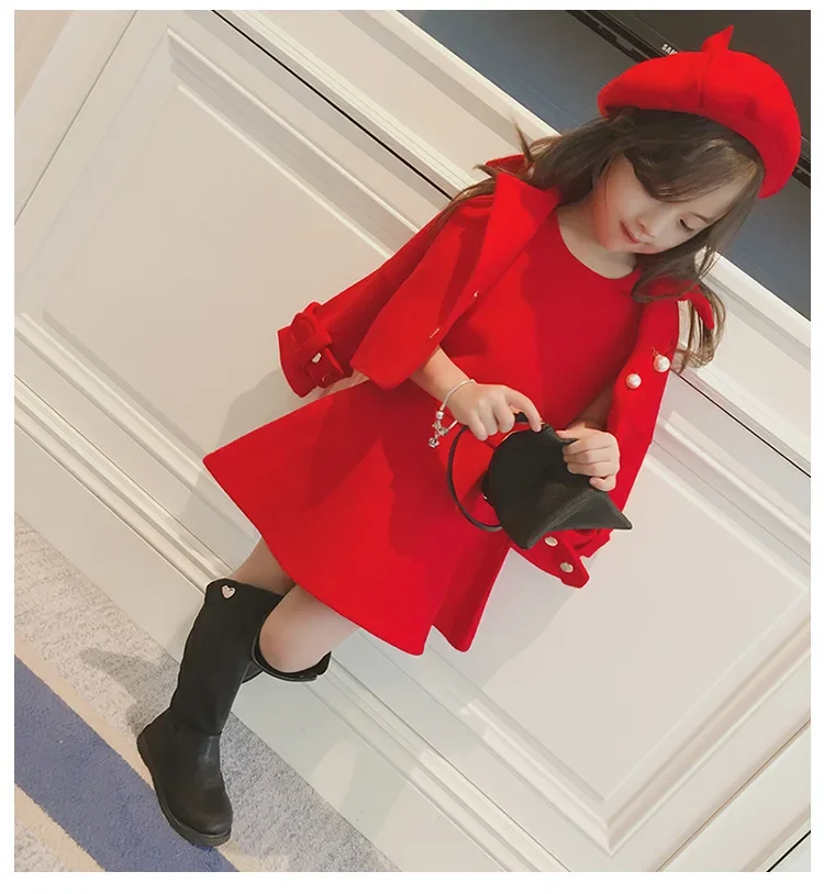 2022 Autumn Children\'s Set Girl Korean Version of Vest Skirt+woolen Jacket+hat Three-piece Sets Girl Party Fashion Red Clothes