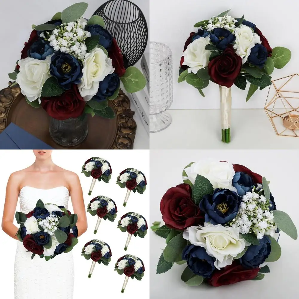 

6-piece Burgundy & Navy Blue Artificial Bridesmaid Bouquets, 11 for Wedding & Bridal Shower Decor