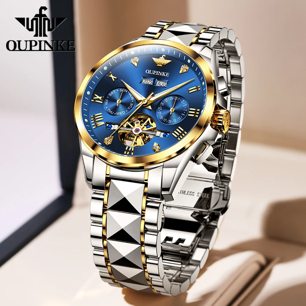 OUPINKE 3240 Men Watch Tourbillon Skeleton Automatic Mechanical Watch Luxury Tungsten Steel Double Calendar Waterproof Men Watch