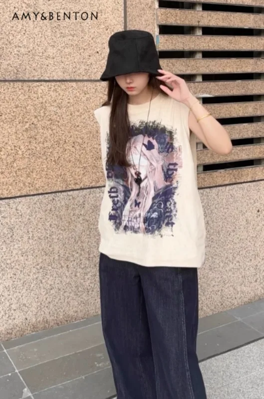 

European and American Style Retro Butterfly Character Print Sleeveless T-Shirt Women Trendy Loose Casual Suede Vest