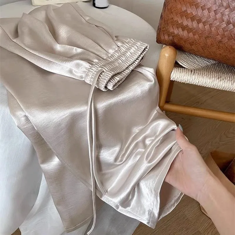 Waist Satin Wide Leg Pants Women Summer Trousers Office Lady Solid Color Straight All-match Casual Pants Female Clothes