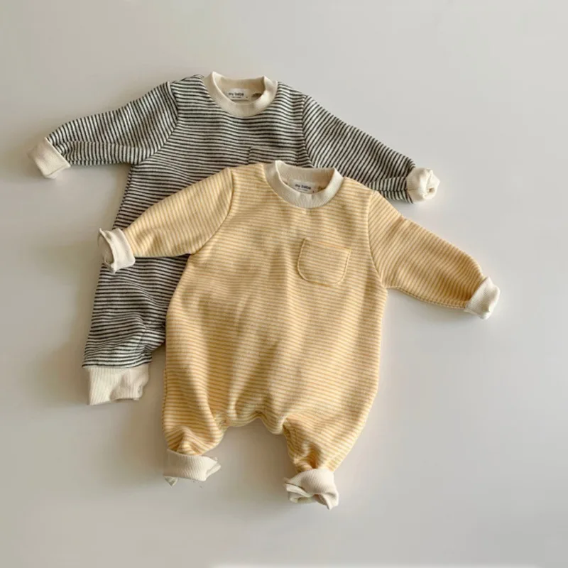 

2024 Autumn New Baby Boy Girl Long Sleeve Romper Cotton Newborn Fashion Striped Jumpsuit Infant Simple Casual Clothes 0-24M