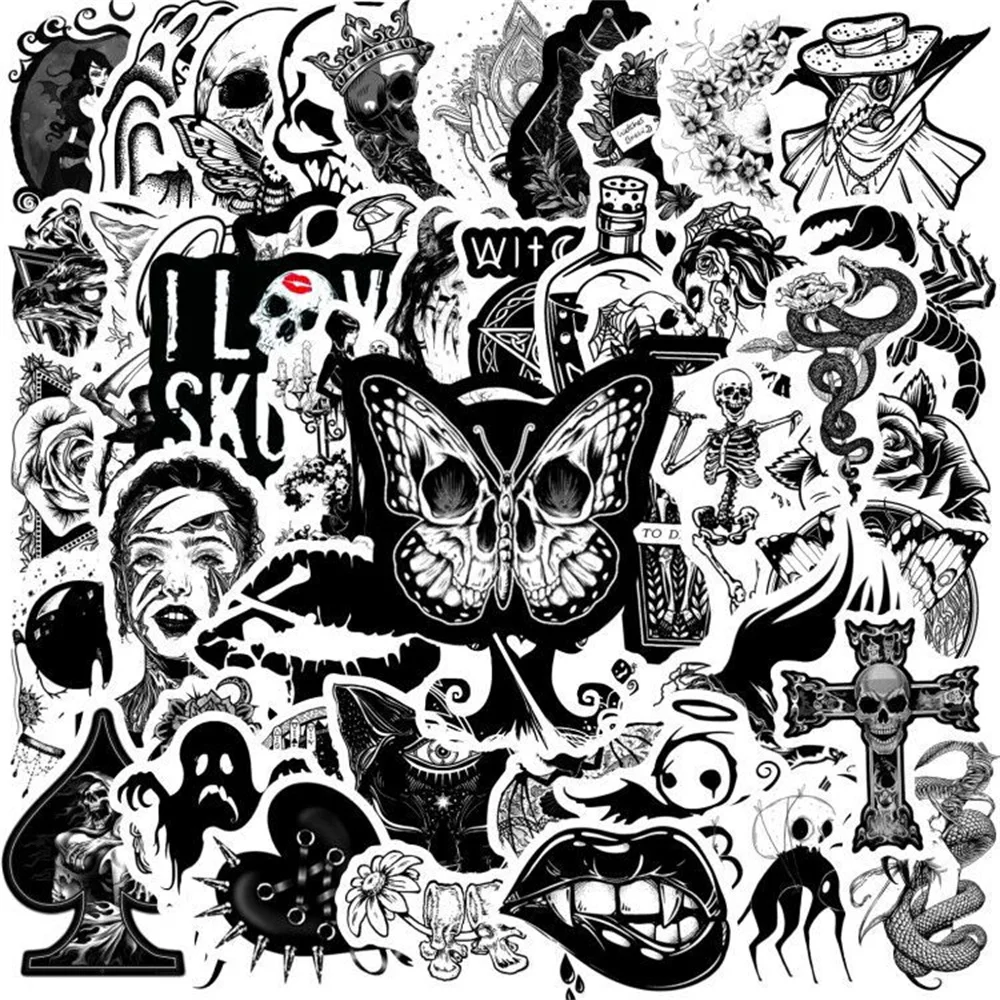 50PCS Black and White Devil Gothic Graffiti Waterproof Sticker Suitcase Notebook Skateboard  Cup Guitar Helmet Decorative Decals