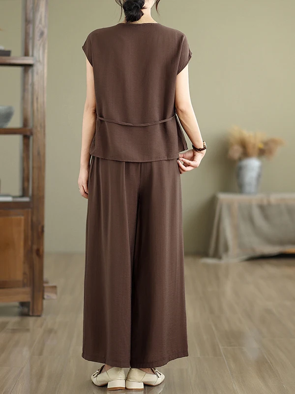 Faionable Lockeres, lässiges Zweiteiler-Set für den Sommer 20225, altersabweisendes Mama-Outfit, hohe Taille, weites Bein, Hose aus Baumwolle, rundes Ne-Top