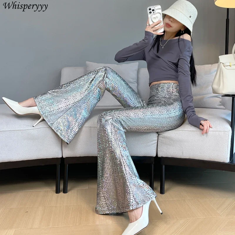 Flare Pants Women New Korean High-waisted Python Pattern Slim Micro-flared Pants Female Fashion Bright Leather Trousers