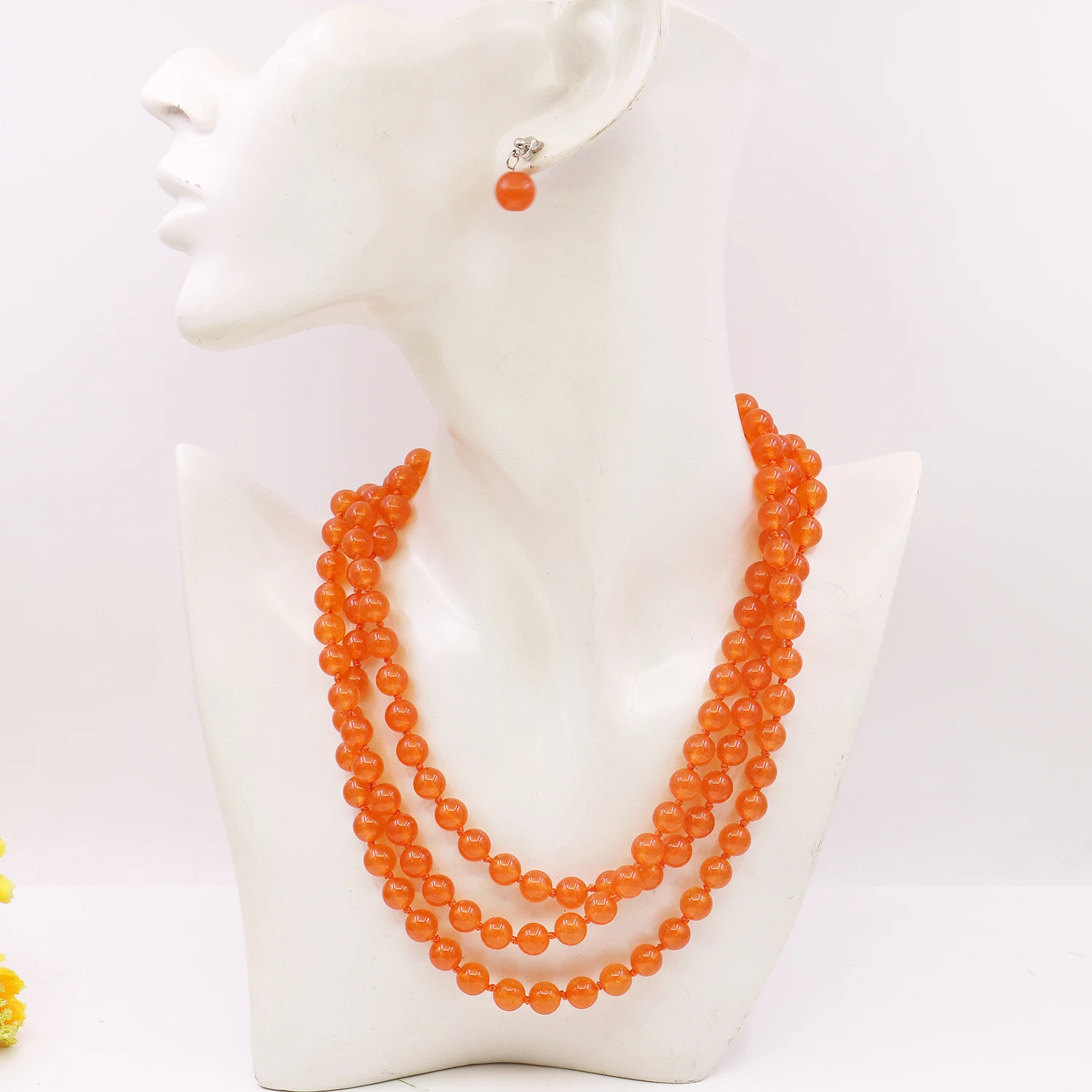 8mm Natural Orange Chalcedony Round Bead Stone Long Necklace/earring Set,Fashionable Transparent Gemstone Gift for Women,50Inch